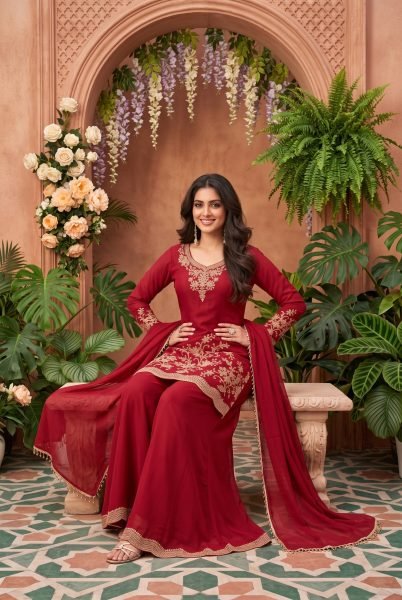 Breathtaking Red Designer Chinnon Suit Set with Beaded Top and Bottom at Wholesale Rate Designer Plazzo Salwar Suits Wholesale
