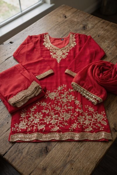 Breathtaking Red Designer Chinnon Suit Set with Beaded Top and Bottom at Wholesale Rate Designer Plazzo Salwar Suits Wholesale