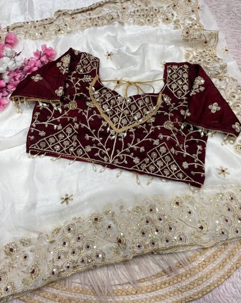 Breathtaking White Designer Fendy Satin Silk Saree with 3mm Sequins Embroidery Silk Sarees Wholesale