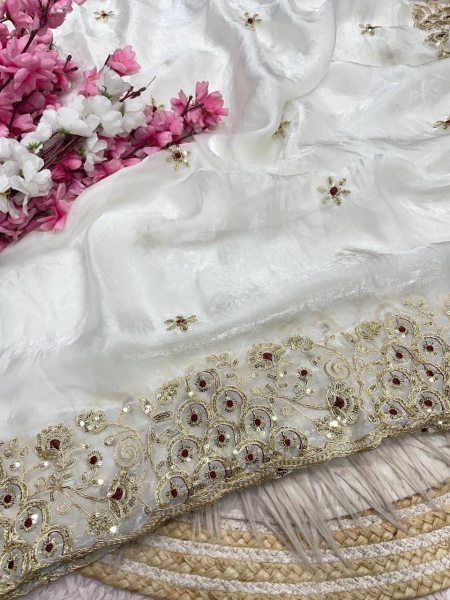 Breathtaking White Designer Fendy Satin Silk Saree with 3mm Sequins Embroidery Silk Sarees Wholesale