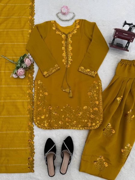 Breathtaking Yellow Chanderi Suit with Farshi Plazo for Special Occasions Ready To Wear Collection