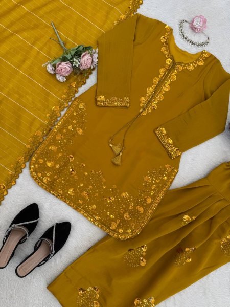 Breathtaking Yellow Chanderi Suit with Farshi Plazo for Special Occasions Ready To Wear Collection