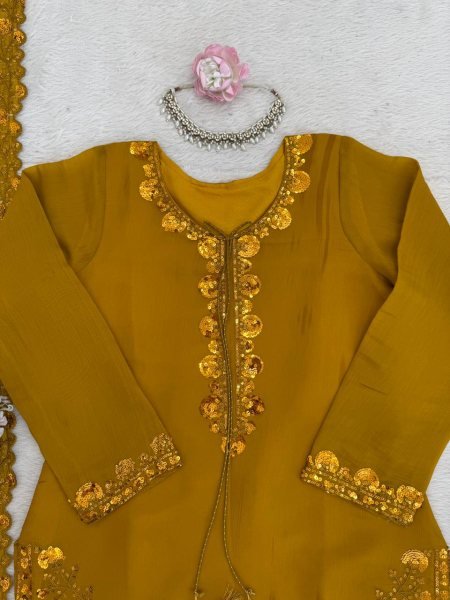 Breathtaking Yellow Chanderi Suit with Farshi Plazo for Special Occasions Ready To Wear Collection
