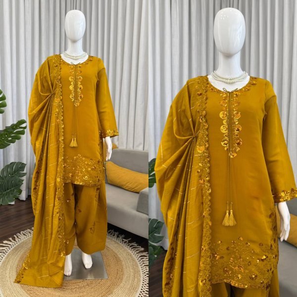 Breathtaking Yellow Chanderi Suit with Farshi Plazo for Special Occasions Ready To Wear Collection