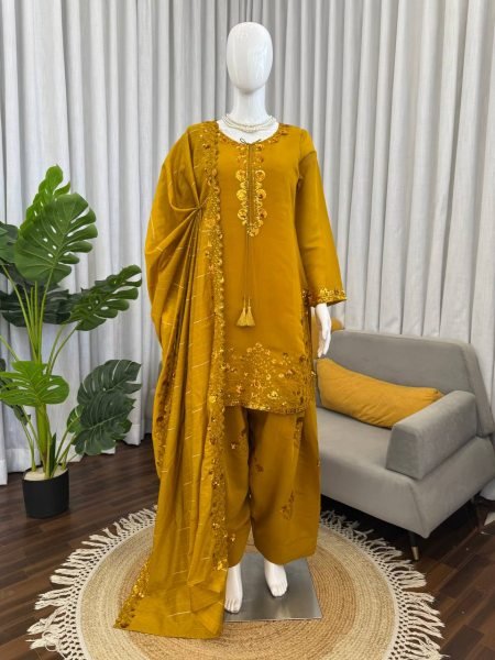 Breathtaking Yellow Chanderi Suit with Farshi Plazo for Special Occasions Ready To Wear Collection