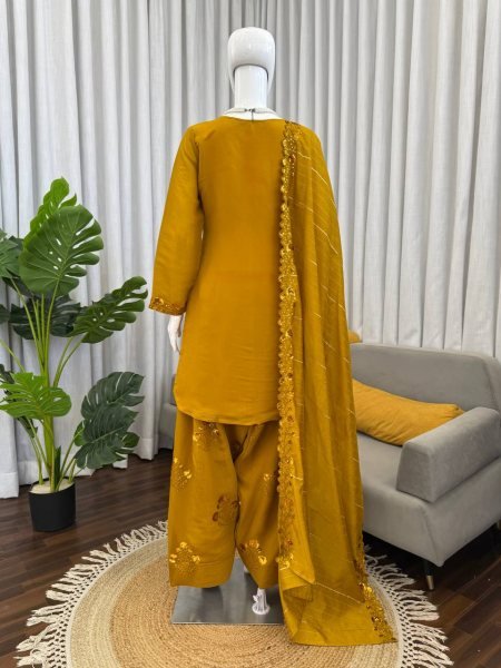Breathtaking Yellow Chanderi Suit with Farshi Plazo for Special Occasions Ready To Wear Collection