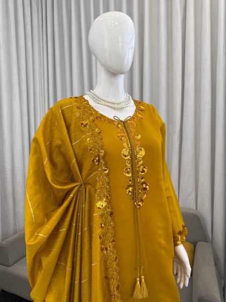 Breathtaking Yellow Chanderi Suit with Farshi Plazo for Special Occasions Ready To Wear Collection