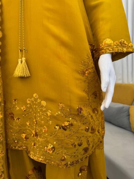 Breathtaking Yellow Chanderi Suit with Farshi Plazo for Special Occasions Ready To Wear Collection