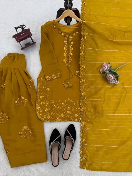 Breathtaking Yellow Chanderi Suit with Farshi Plazo for Special Occasions Ready To Wear Collection