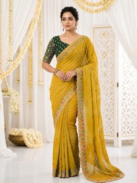 Breathtaking Yellow Designer Star Georgette Saree with Contrast Blouse For Festival Sarees 