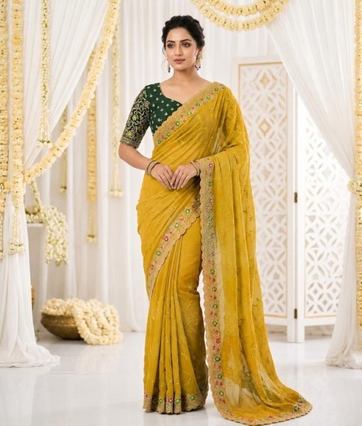 Breathtaking Yellow Designer Star Georgette Saree with Contrast Blouse For Festival Embroidery Sarees Wholesale
