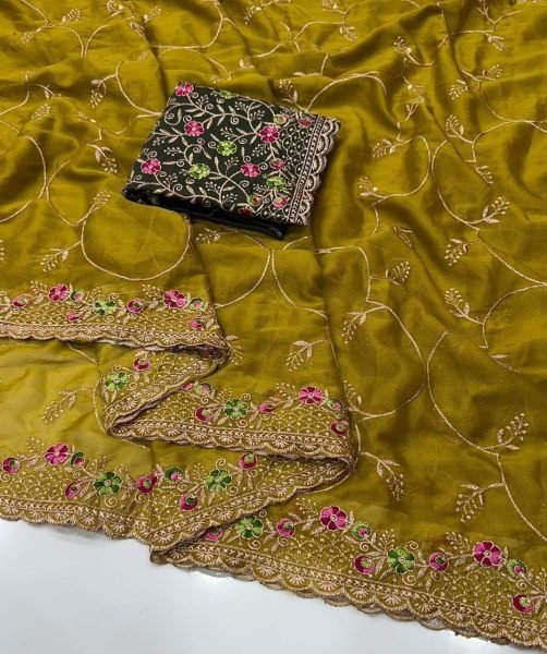 Breathtaking Yellow Designer Star Georgette Saree with Contrast Blouse For Festival Embroidery Sarees Wholesale