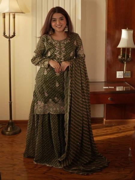 Breezy Mehendi Green Fully Stitch Sharara Suit for Wedding Wear at Reseller Rate