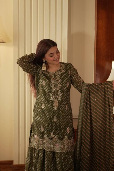 Breezy Mehendi Green Fully Stitch Sharara Suit for Wedding Wear at Reseller Rate Ready To Wear Collection