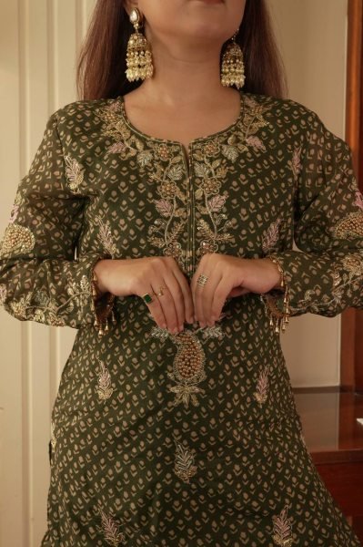 Breezy Mehendi Green Fully Stitch Sharara Suit for Wedding Wear at Reseller Rate Ready To Wear Collection