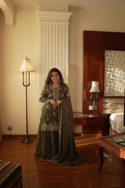 Breezy Mehendi Green Fully Stitch Sharara Suit for Wedding Wear at Reseller Rate Ready To Wear Collection