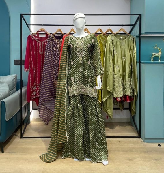 Breezy Mehendi Green Fully Stitch Sharara Suit for Wedding Wear at Reseller Rate Ready To Wear Collection
