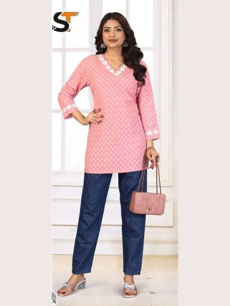 Breezy Peach Printed Cotton Top with Lace at Manufacturer Rate for Office Wear Tunics kurti