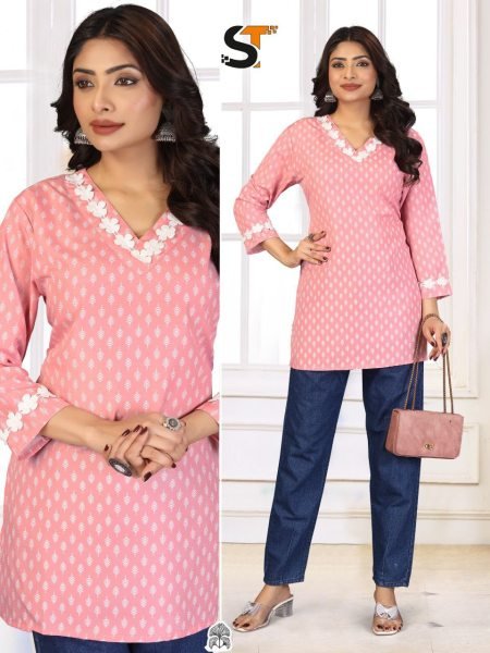 Breezy Peach Printed Cotton Top with Lace at Manufacturer Rate for Office Wear Tunics kurti