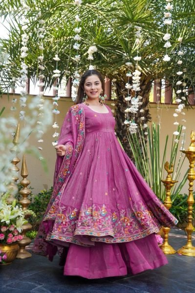 Breezy Pink  gown set with Embroidery Sequence Work fully flared Sharara with Dupatta at Night Party Wear  Embroidery Kurtis 
