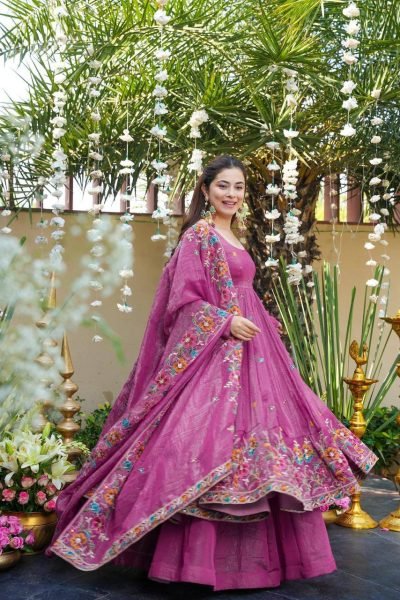 Breezy Pink  gown set with Embroidery Sequence Work fully flared Sharara with Dupatta at Night Party Wear  Embroidery Kurtis 