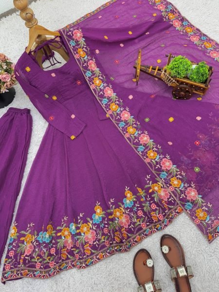 Breezy Pink  gown set with Embroidery Sequence Work fully flared Sharara with Dupatta at Night Party Wear  Embroidery Kurtis 