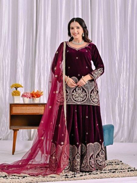 Breezy  Viscose Velvet Embroidery Sharara Suit with Multi Needle Sequence Work and Fancy Net Dupatta for winter wear 