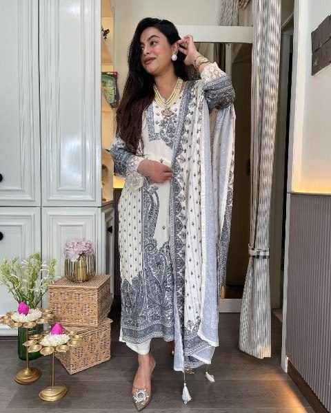 Breezy White Rayon Printed Suit Set with Bottom and Dupatta for Everyday Wear   Straight Cut Long Kurtis