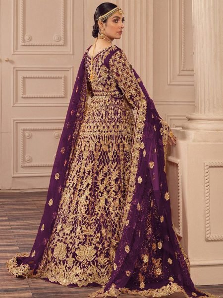 Wine Butterfly Net Zari Embroidered Bridal Anarkali Gown with Dupatta Anarakali Gown Wholesale