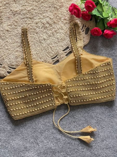 Bridal Gold Pearl Moti Blouse with Heavy Handwork For Wedding & Reception Look Blouse Collection