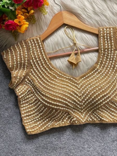 Bridal Golden Pearl Moti Silk Blouse with Handcrafted Detailing Royal Reception Look Sarees 