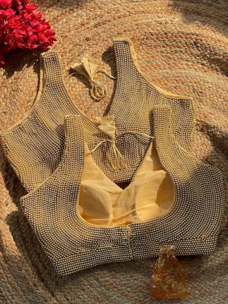 Bridal Golden Handcrafted Pure Silk Pearl Moti Blouse Manufacturer Blouse Collection