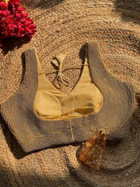 Bridal Golden Handcrafted Pure Silk Pearl Moti Blouse Manufacturer Blouse Collection