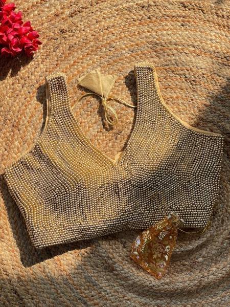 Bridal Golden Handcrafted Pure Silk Pearl Moti Blouse Manufacturer Blouse Collection