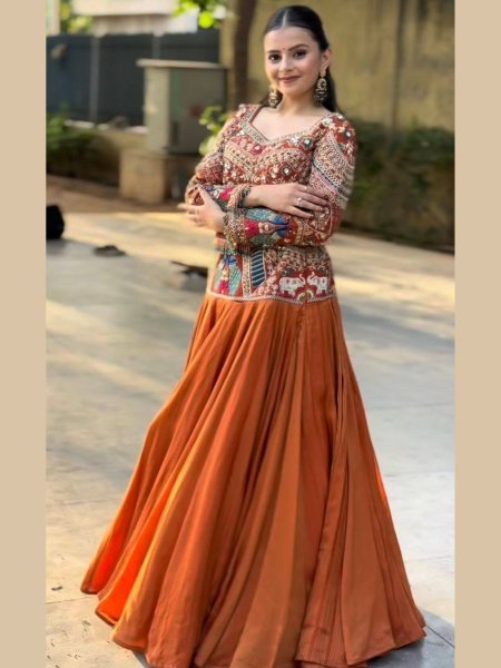 Bridal Orange Chinon Silk Lehenga Choli with Embroidery Sequence Work for Weddings  Lehenga