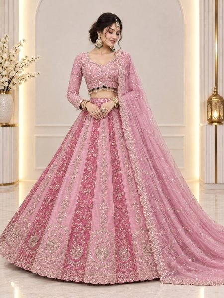 Bridal Pink Heavy Faux Georgette Lehenga Choli with Beads and Sequin Work at Wholesale Rate 