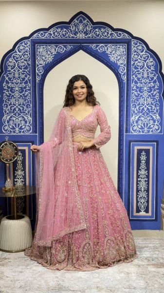 Bridal Pink Heavy Faux Georgette Lehenga Choli with Beads and Sequin Work at Wholesale Rate Designer Lehenga Choli