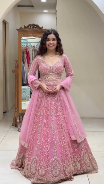 Bridal Pink Heavy Faux Georgette Lehenga Choli with Beads and Sequin Work at Wholesale Rate Designer Lehenga Choli