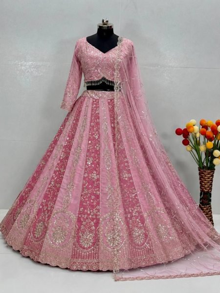 Bridal Pink Heavy Faux Georgette Lehenga Choli with Beads and Sequin Work at Wholesale Rate Designer Lehenga Choli