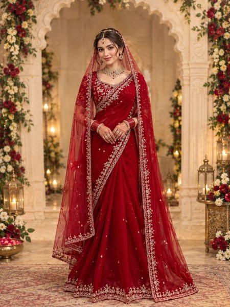 Bridal Red Faux Georgette Saree with Embroidered Blouse and Dupatta at Wholsale Rate Sarees 