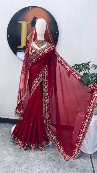 Bridal Red Faux Georgette Saree with Embroidered Blouse and Dupatta at Wholsale Rate Designer Wedding Sarees Wholesale