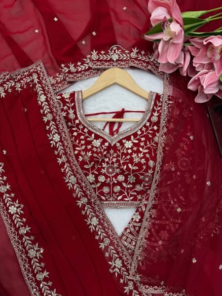 Bridal Red Faux Georgette Saree with Embroidered Blouse and Dupatta at Wholsale Rate Designer Wedding Sarees Wholesale
