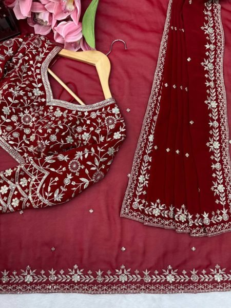 Bridal Red Faux Georgette Saree with Embroidered Blouse and Dupatta at Wholsale Rate Designer Wedding Sarees Wholesale