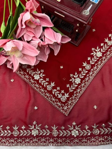 Bridal Red Faux Georgette Saree with Embroidered Blouse and Dupatta at Wholsale Rate Designer Wedding Sarees Wholesale