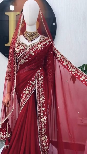 Bridal Red Faux Georgette Saree with Embroidered Blouse and Dupatta at Wholsale Rate Designer Wedding Sarees Wholesale