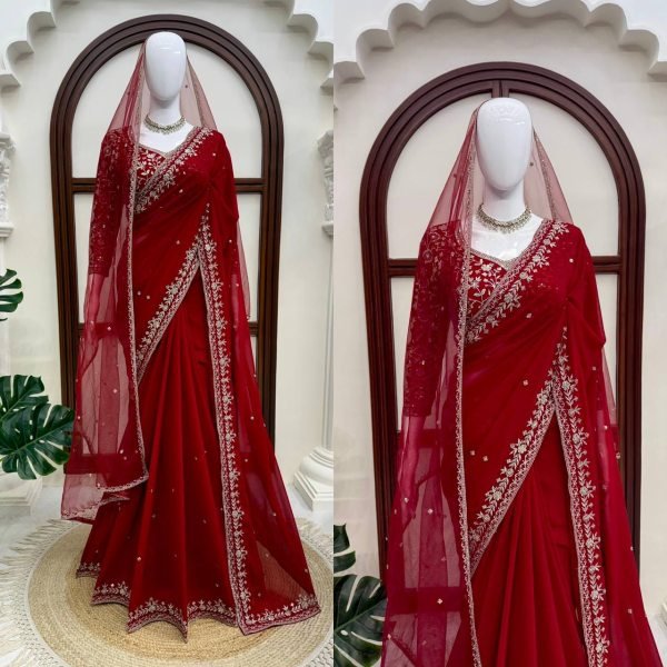 Bridal Red Faux Georgette Saree with Embroidered Blouse and Dupatta at Wholsale Rate Designer Wedding Sarees Wholesale