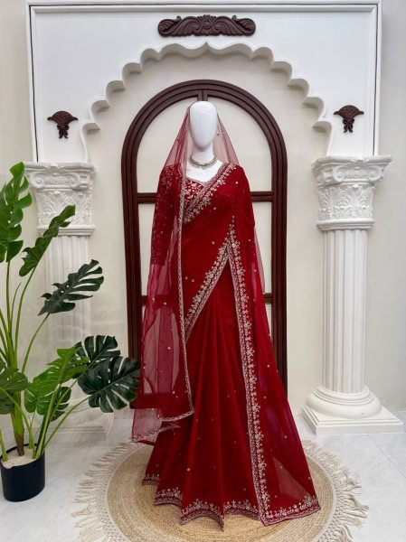 Bridal Red Faux Georgette Saree with Embroidered Blouse and Dupatta at Wholsale Rate Designer Wedding Sarees Wholesale