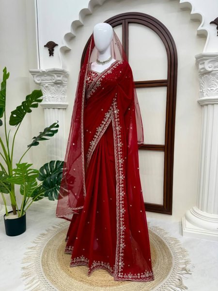 Bridal Red Faux Georgette Saree with Embroidered Blouse and Dupatta at Wholsale Rate Designer Wedding Sarees Wholesale