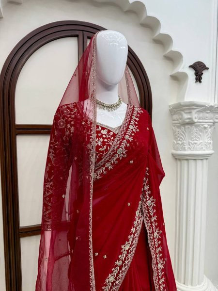 Bridal Red Faux Georgette Saree with Embroidered Blouse and Dupatta at Wholsale Rate Designer Wedding Sarees Wholesale