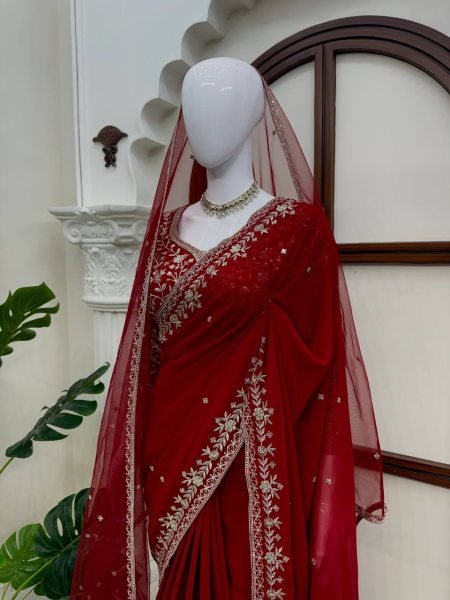 Bridal Red Faux Georgette Saree with Embroidered Blouse and Dupatta at Wholsale Rate Designer Wedding Sarees Wholesale